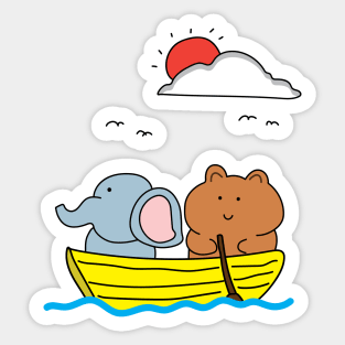 cute elephant and bear on a wooden boat Sticker